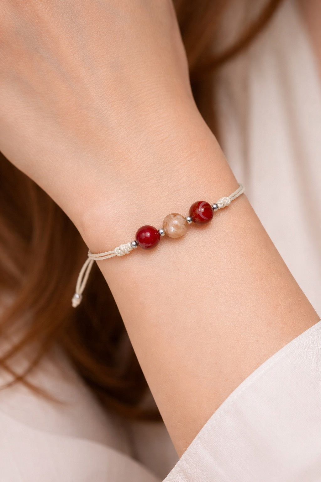 Pulsera Trinidad - Doble Hilo Encerado color beige con Sardónice