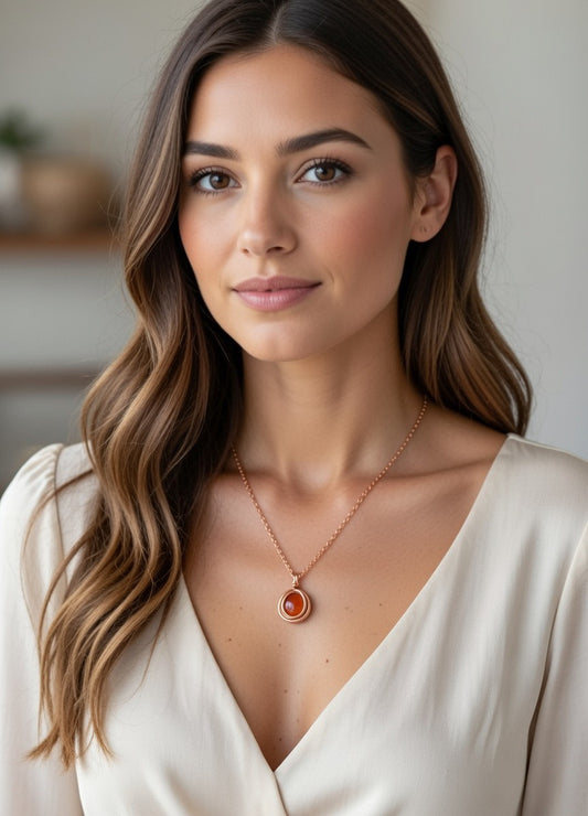 Cornalina en Collar con Alambrismo - Cadena Satélite de Bronce 50cm