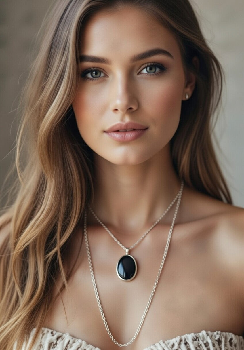 Ónice en Collar con Alambrismo - Cadena Plateada 70cm- ajustable