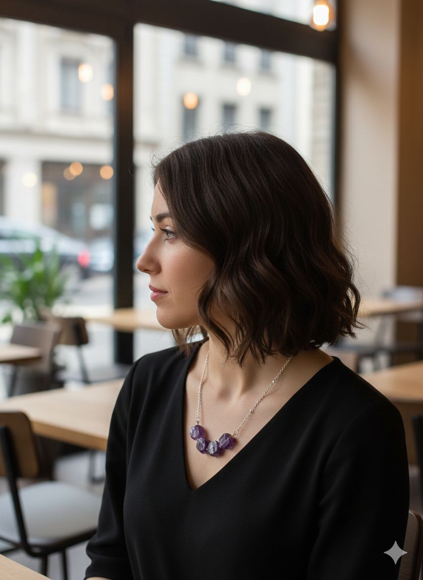 Amatista en Collar de Cadena de Acero Inoxidable - 5 Gemas Cuadradas - 50 cm