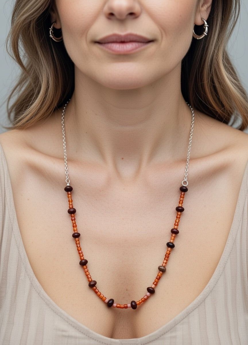 Sardónice en Collar Cuentas Madera Acero Inoxidable 65cm