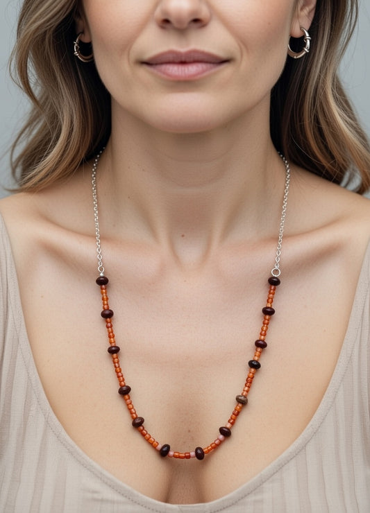 Sardónice en Collar Cuentas Madera Acero Inoxidable 65cm