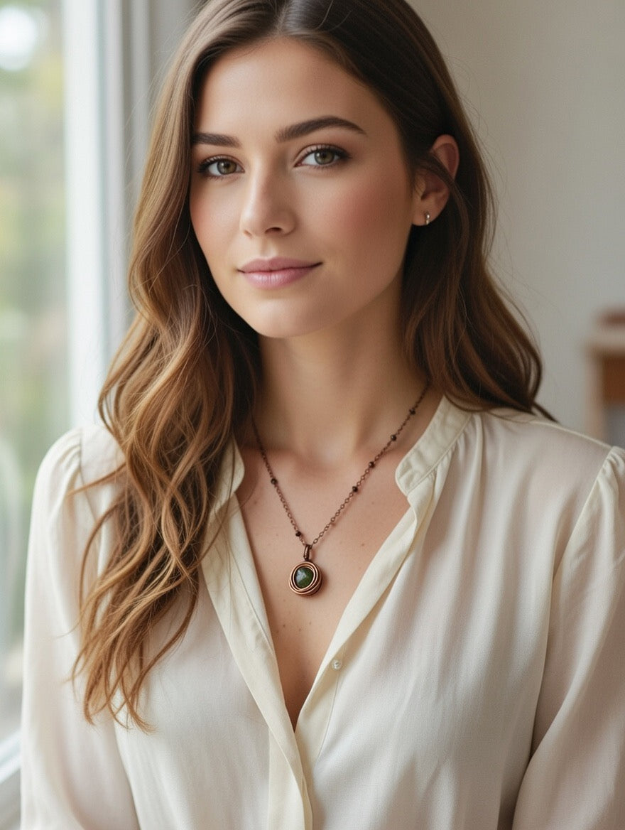 Olivino en Collar de Bronce - Colgante Artesanal Enrollado- 50cm