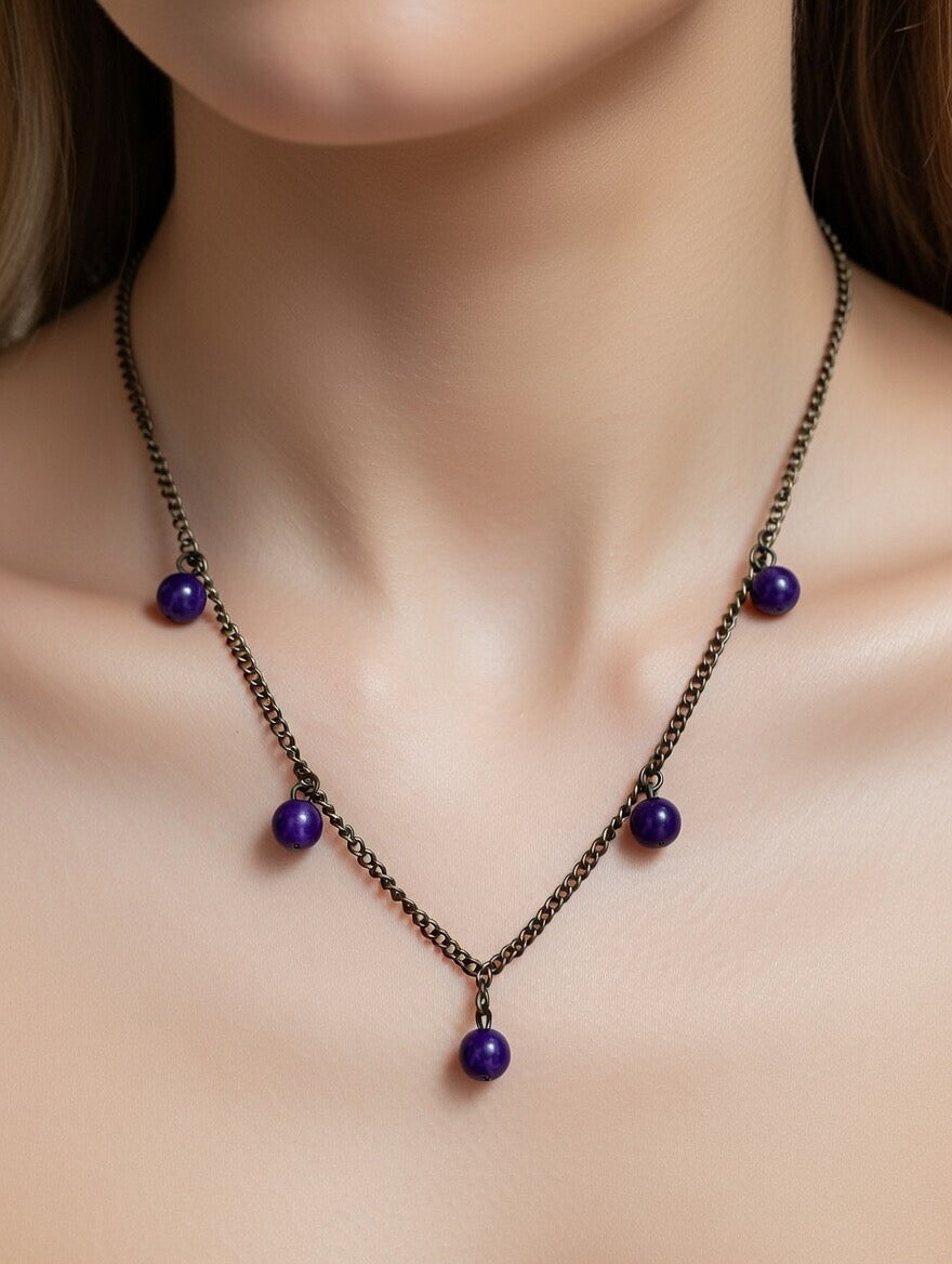 Amatista en Collar de Bronce Antiguo con - 5 Esferas de 8mm