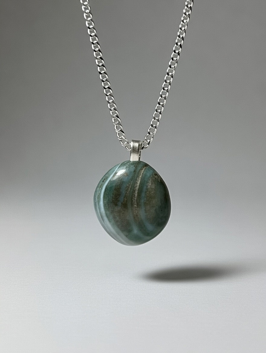 Ágata  Verde en Collar - Cadena de acero inoxidable de 50 cm